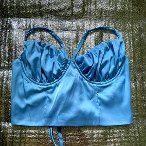 Blue satin crop top lace up back S/M
